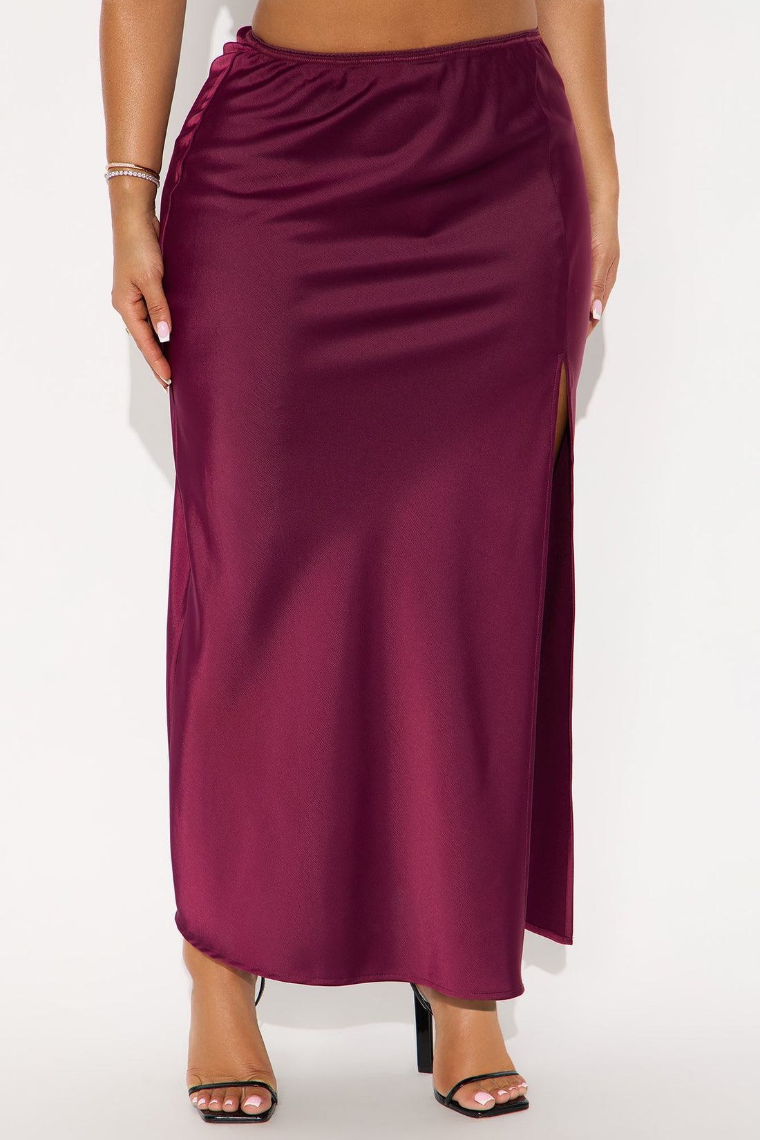 Love At Midnight Satin Front Slit Maxi Skirt - Wine