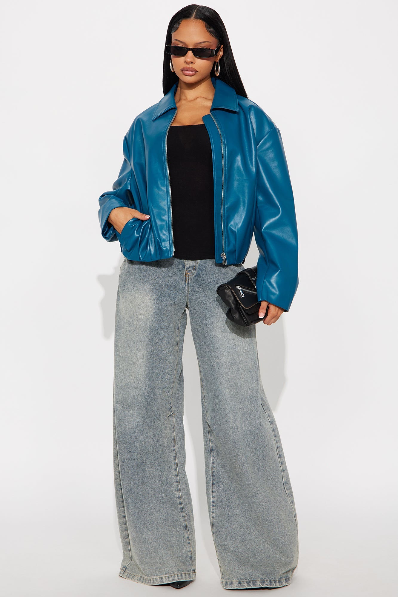Iman It Girl Faux Leather Bomber Jacket - Teal