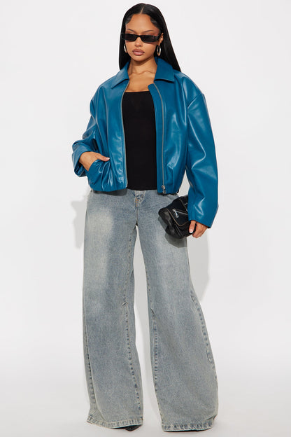 Iman It Girl Faux Leather Bomber Jacket - Teal