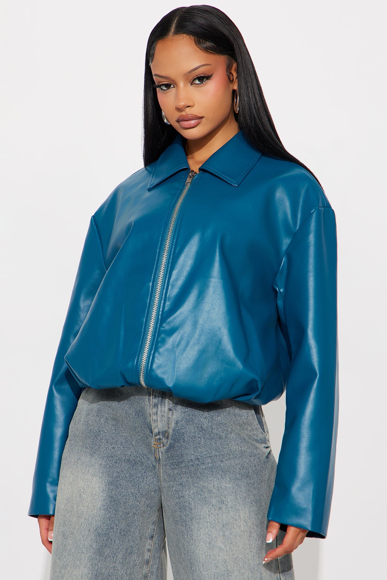 Iman It Girl Faux Leather Bomber Jacket - Teal