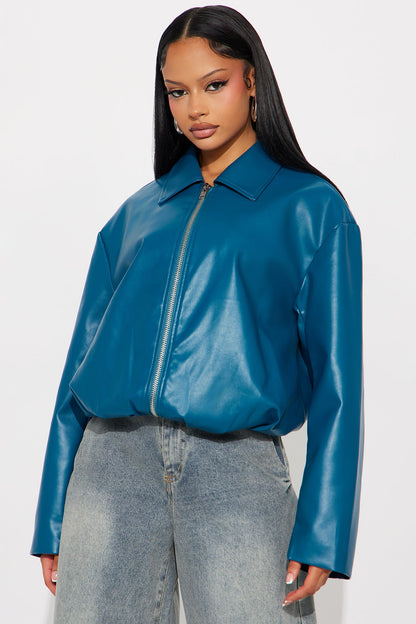 Iman It Girl Faux Leather Bomber Jacket - Teal