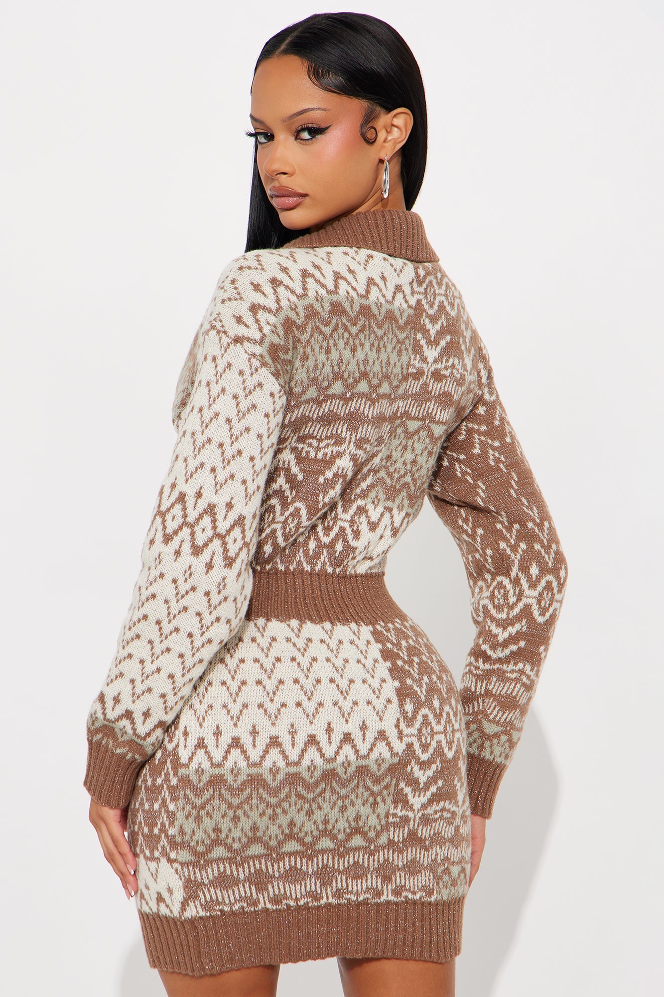 Snuggle Up Fair Isle Sweater Mini Dress - Brown/combo