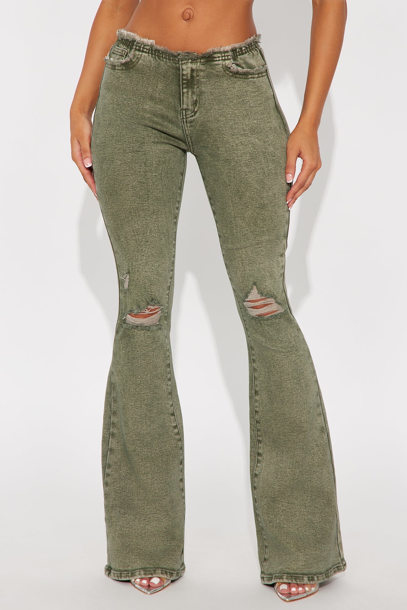 Highly Motivated Low Rise Flare Jeans - Olive