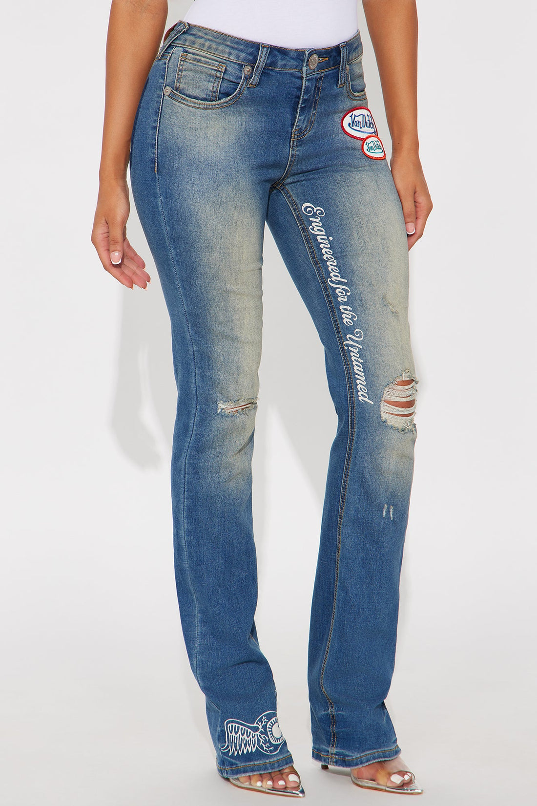 Von Dutch Ripped Low Rise Bootcut Jeans - Vintage Wash