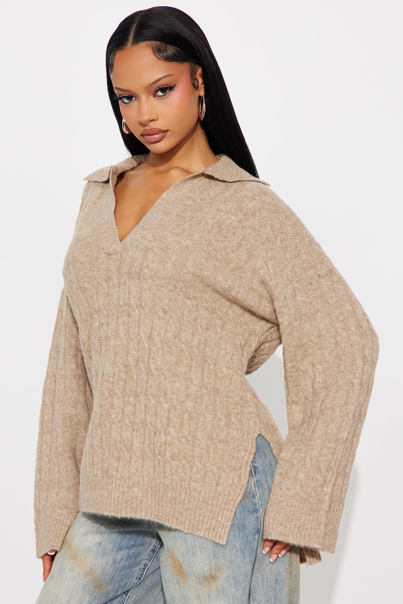 Mylie Cable Knit Polo Sweater - Mocha