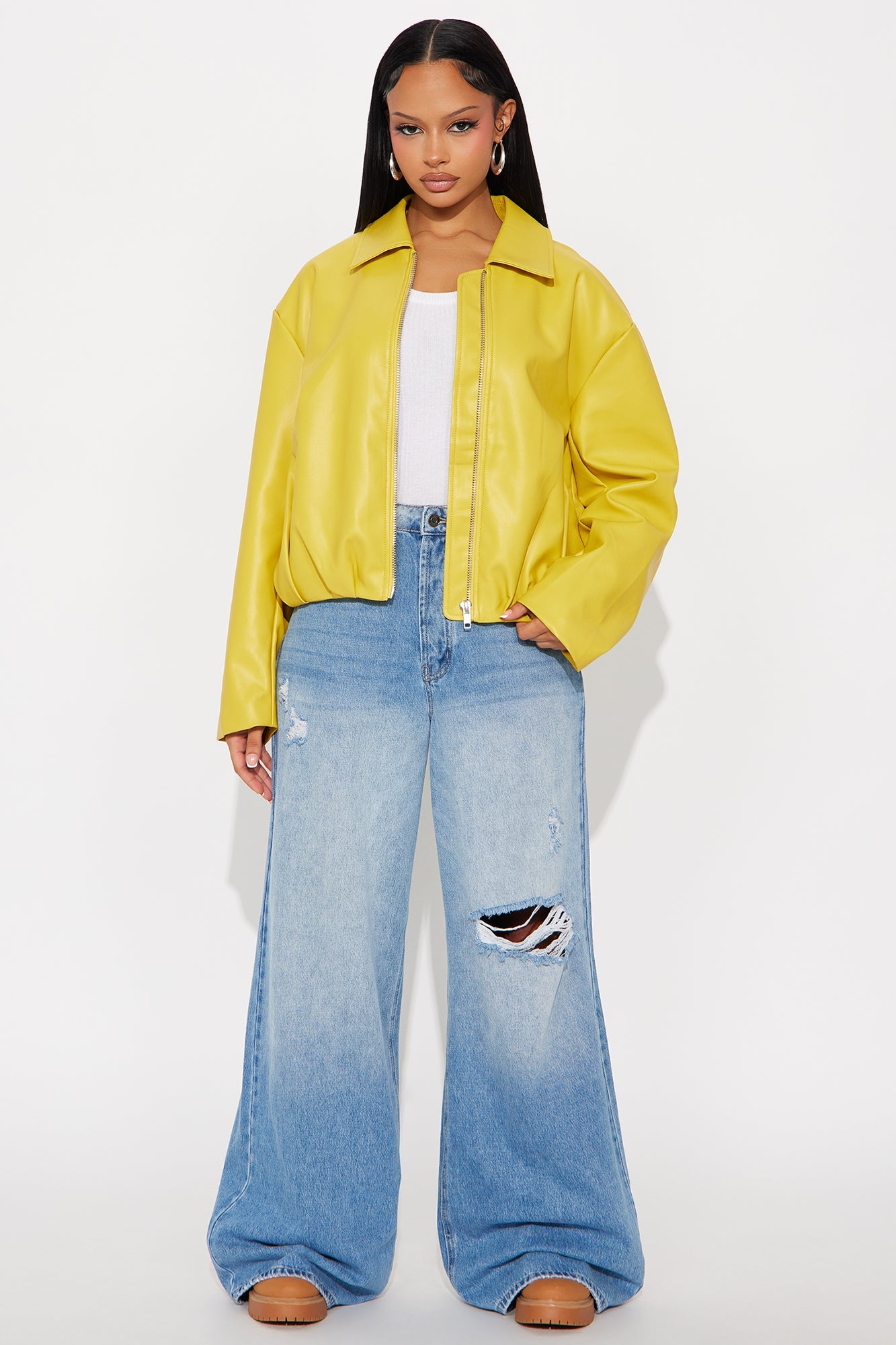 Iman It Girl Faux Leather Bomber Jacket - Yellow