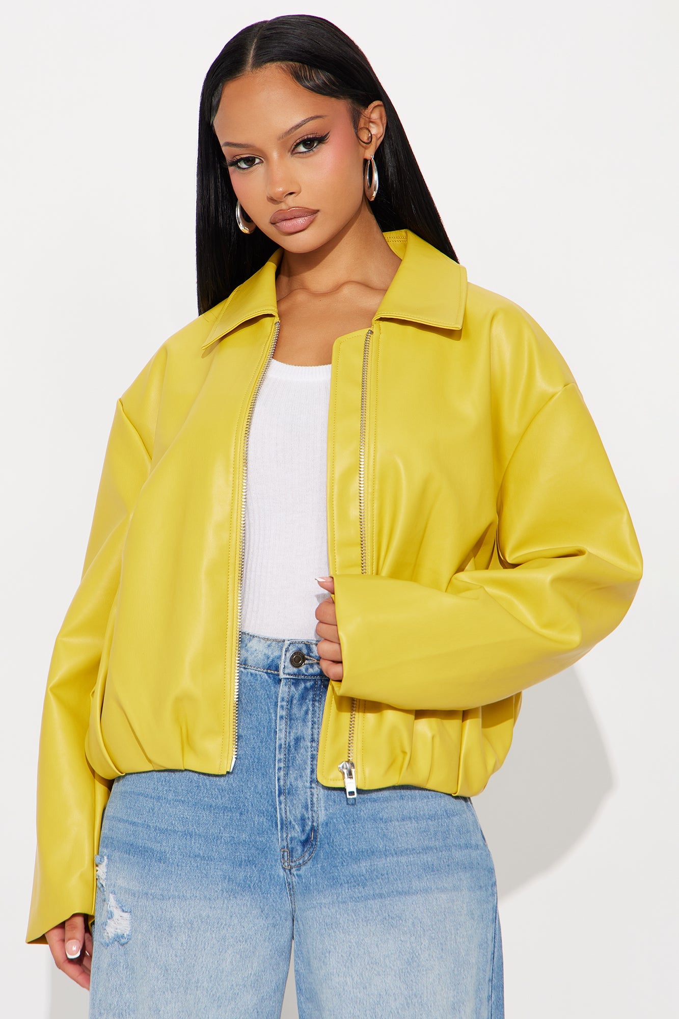 Iman It Girl Faux Leather Bomber Jacket - Yellow