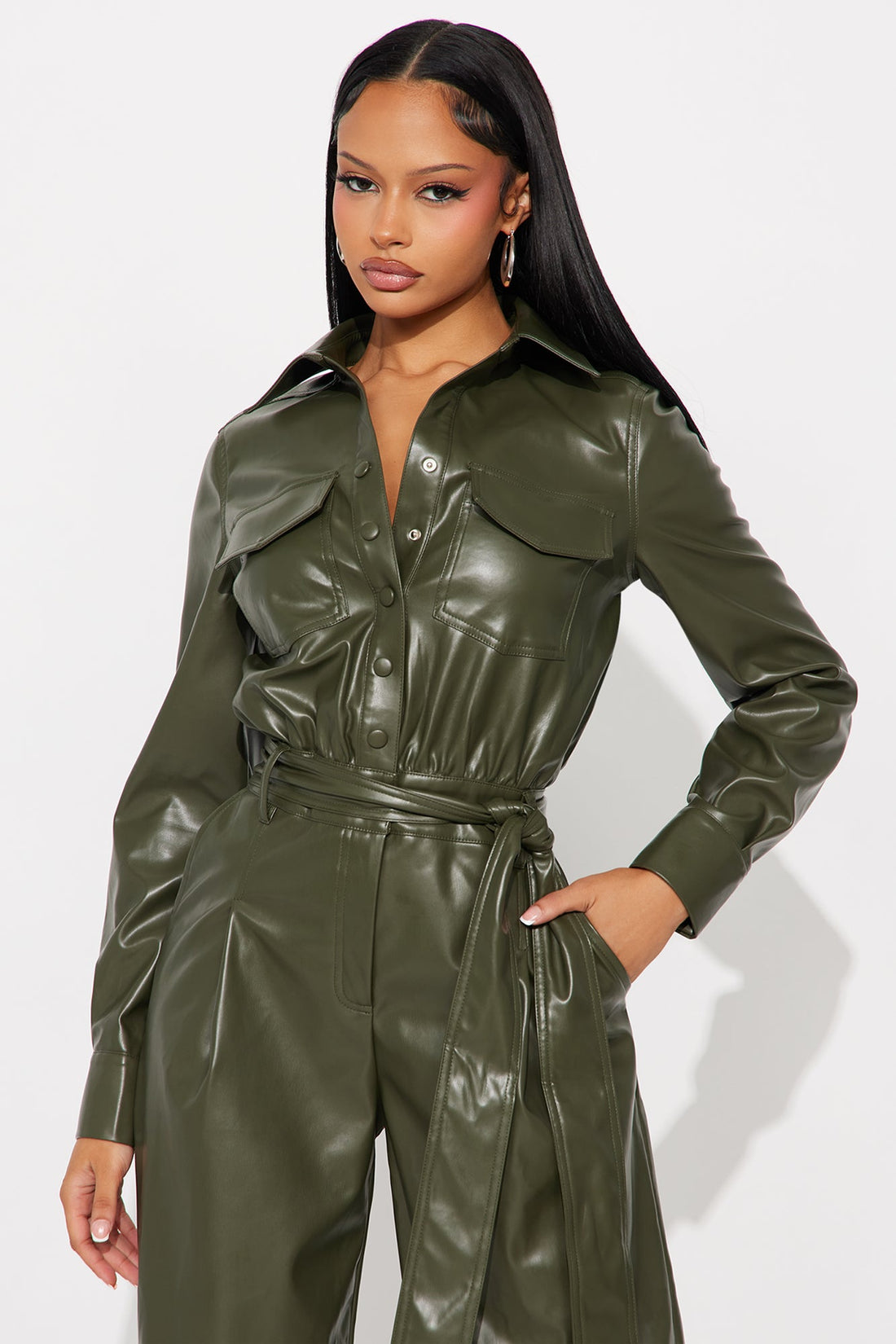 New York City Faux Leather Jumpsuit - Olive