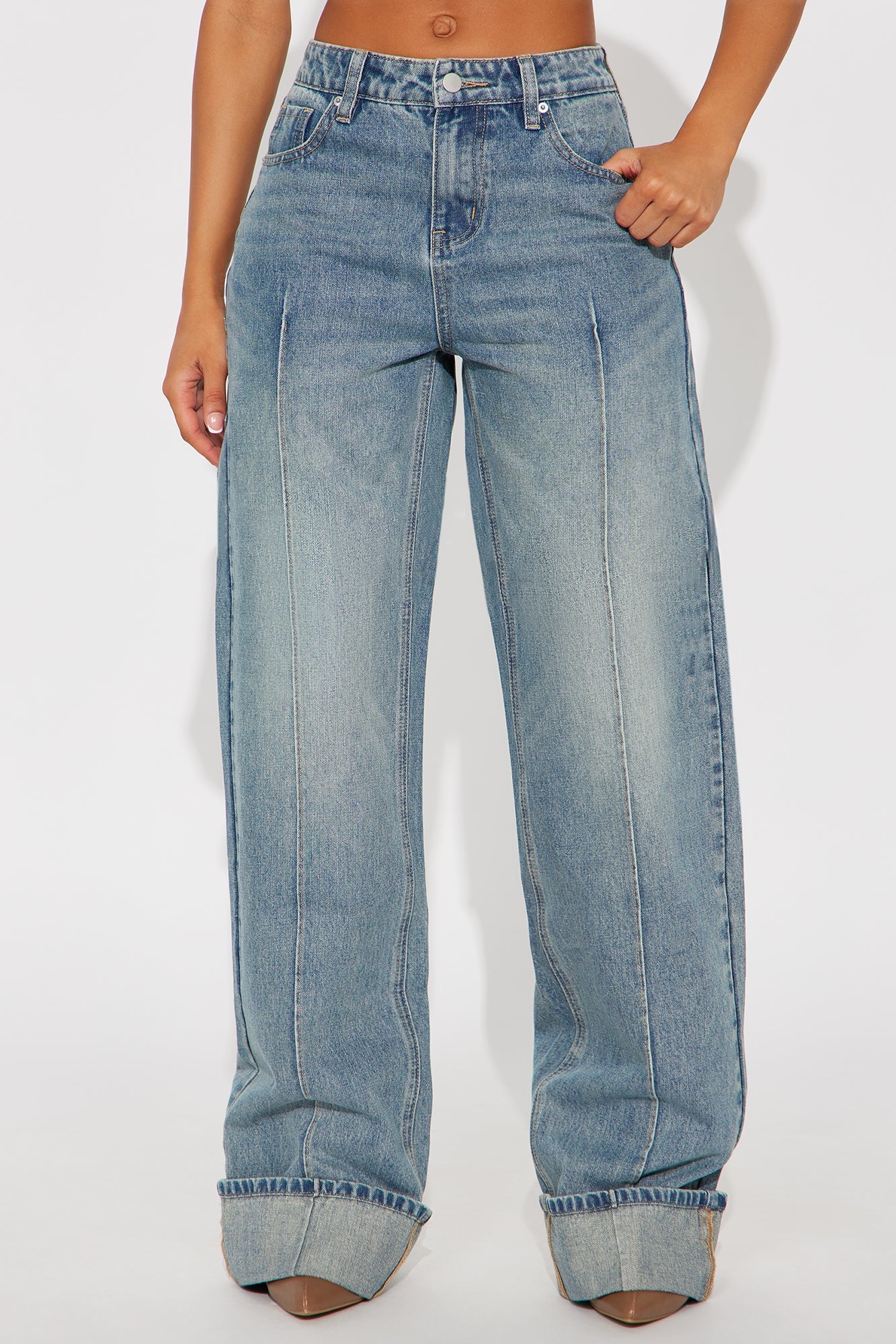 Tall En Route Cuffed Wide Leg Jeans - Medium Wash