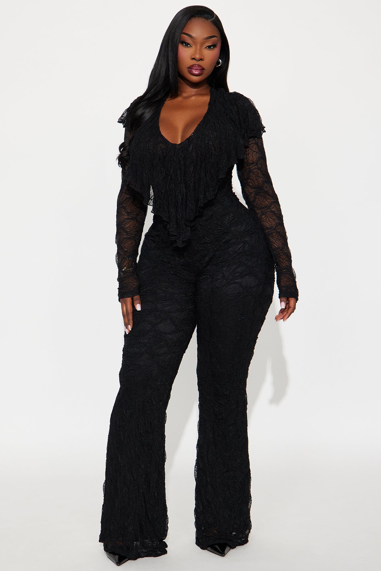 Noelle Lace V Neck Jumpsuit - Black