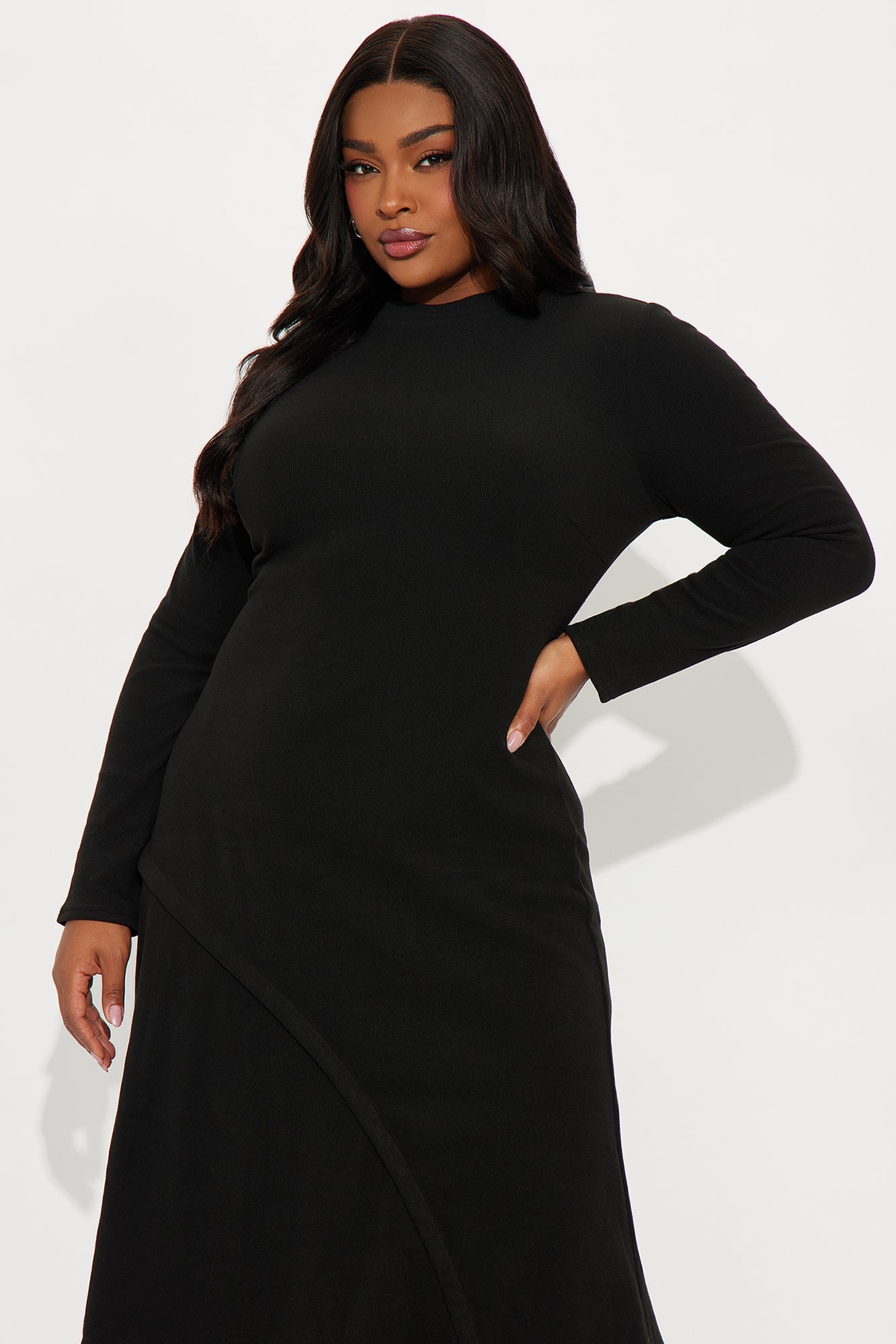 Anika Long Sleeve Ribbed Midi Dress - Black