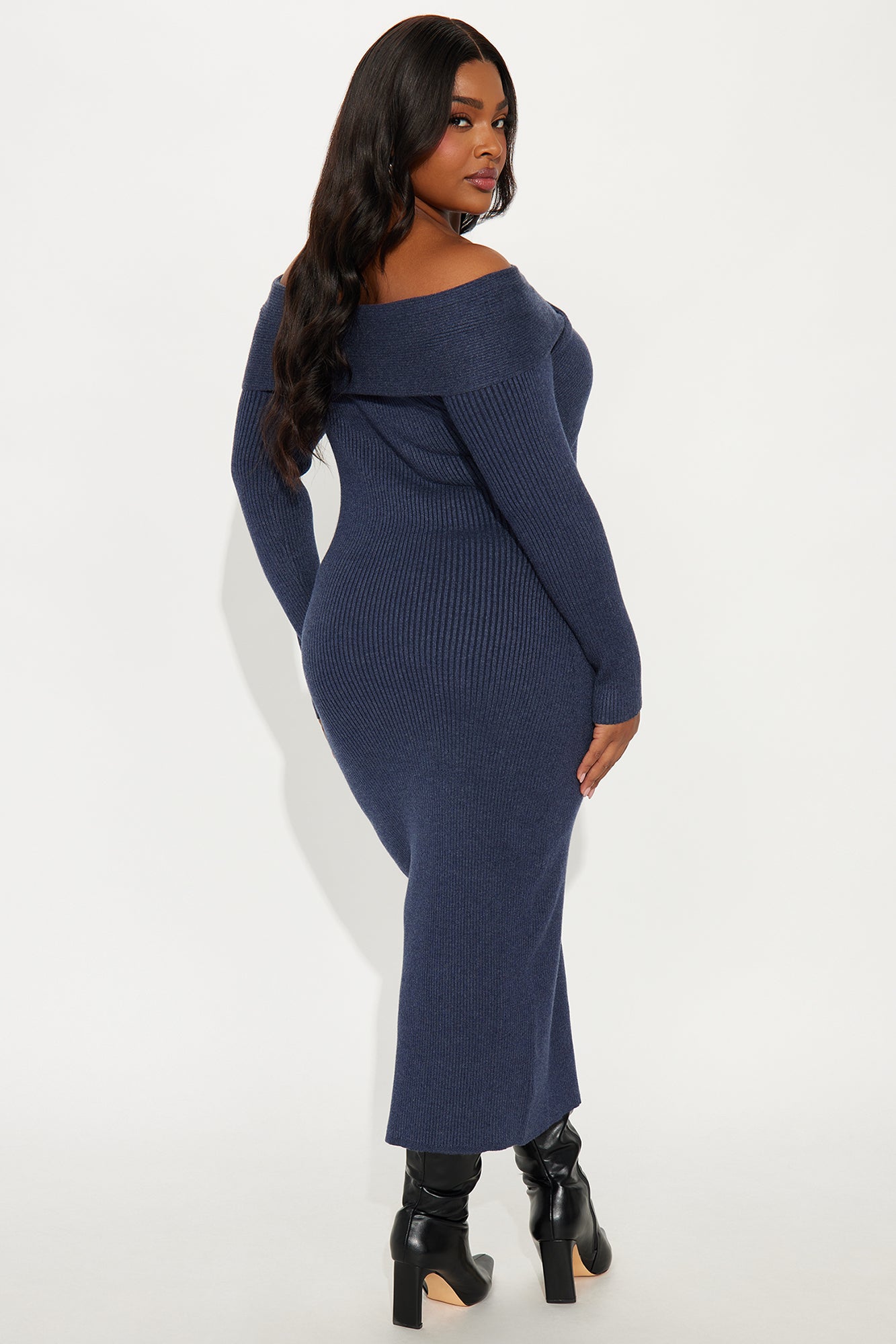 Amryn Off Shoulder Ribbed Midi Dress - Navy