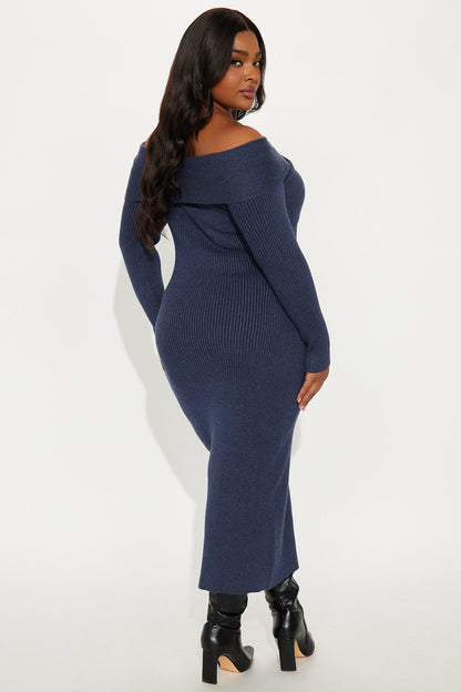 Amryn Off Shoulder Ribbed Midi Dress - Navy