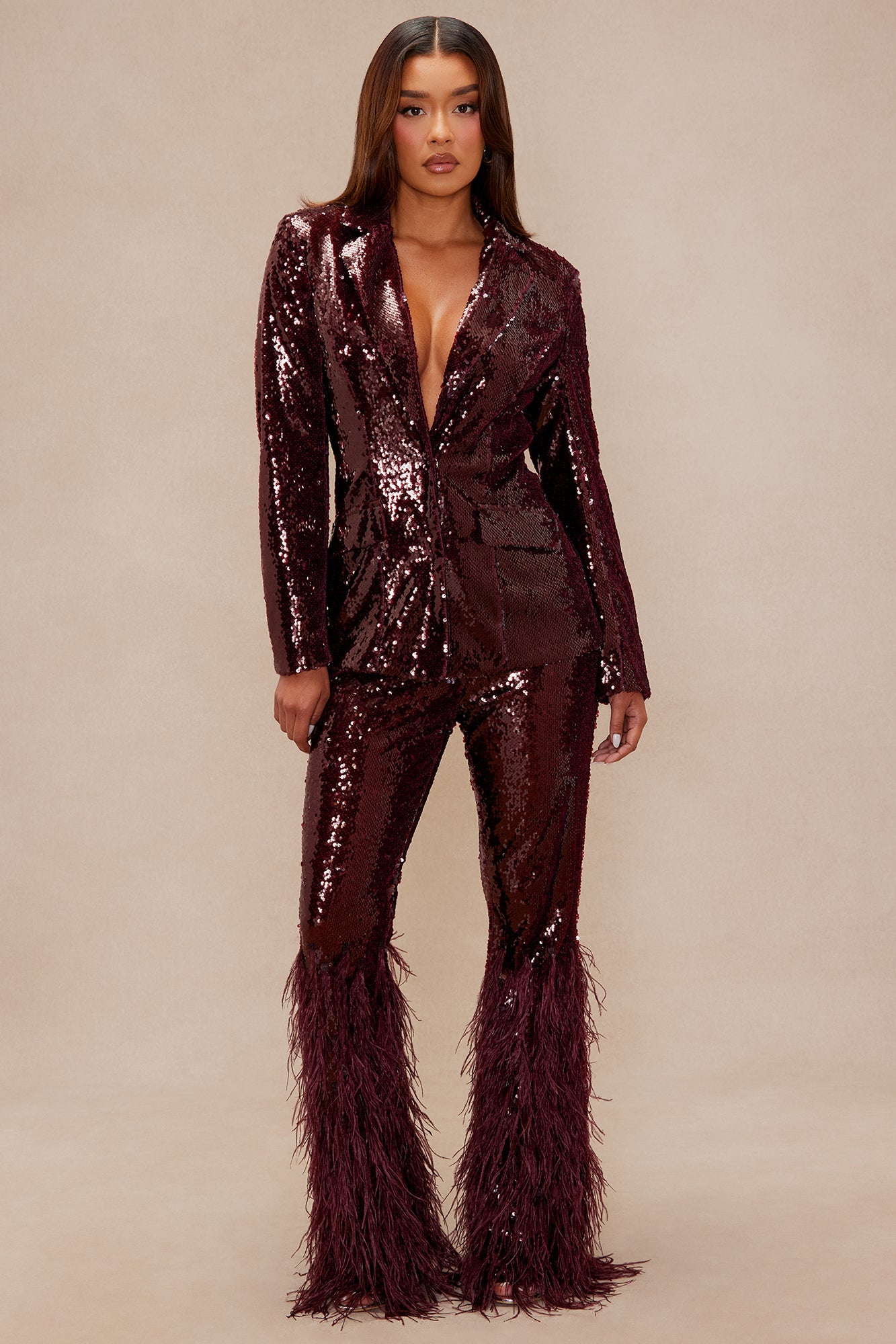 Nola Sequin Feathered Flare Pant - Wine
