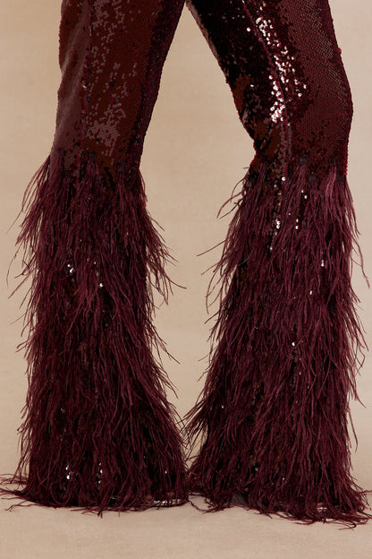 Nola Sequin Feathered Flare Pant - Wine