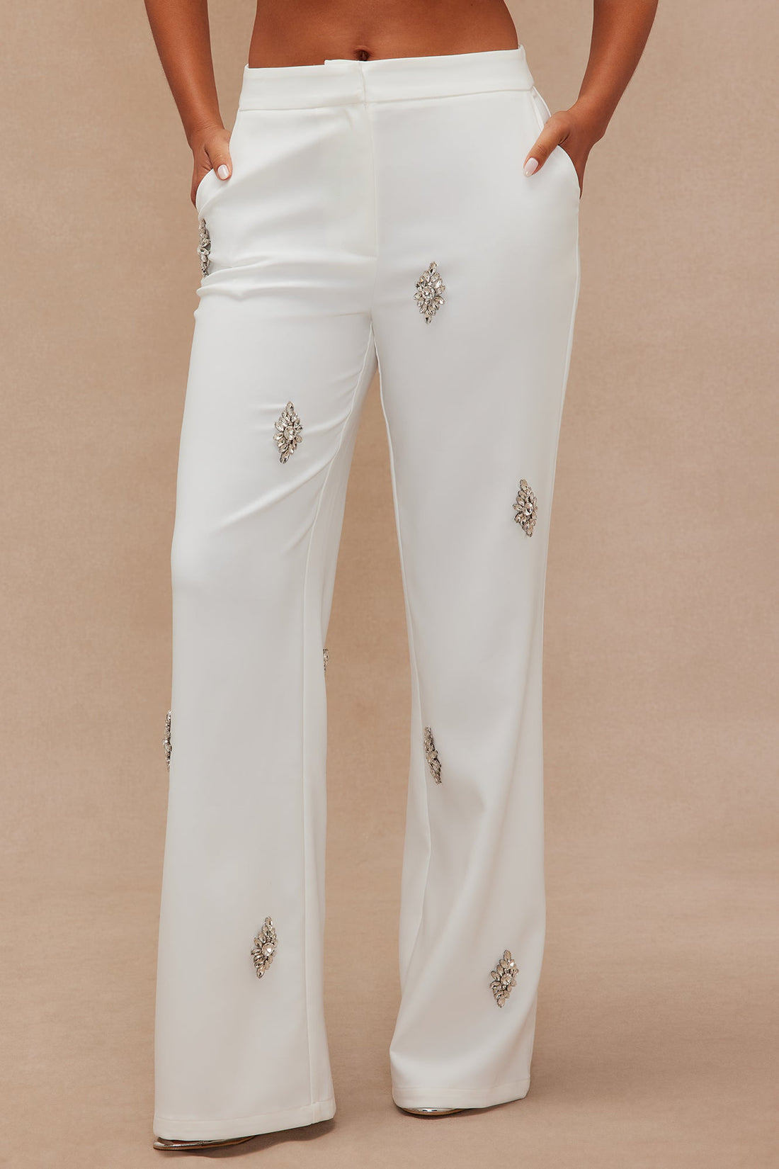 Liza Rhinestone Wide Leg Pant - White