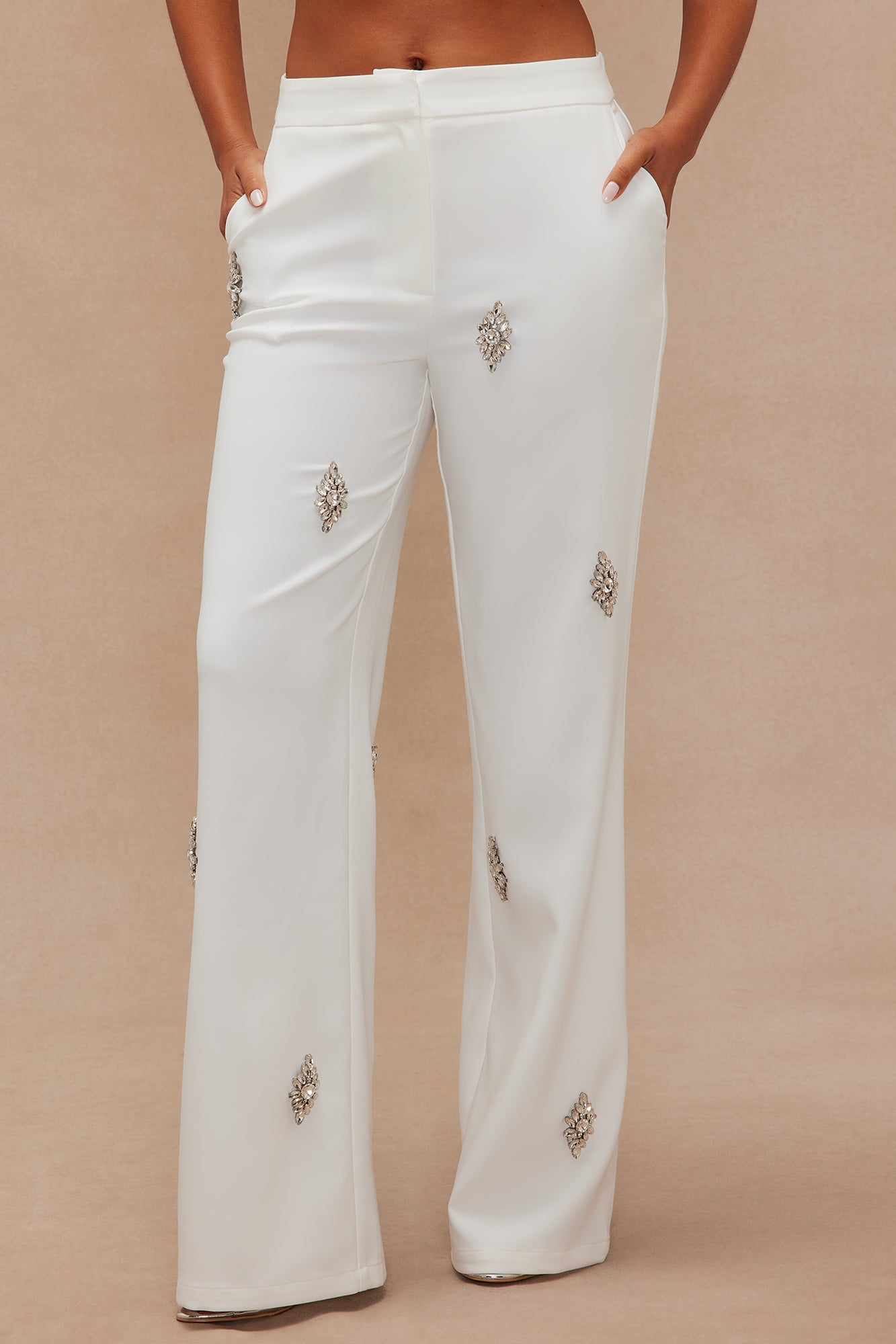 Liza Rhinestone Wide Leg Pant - White