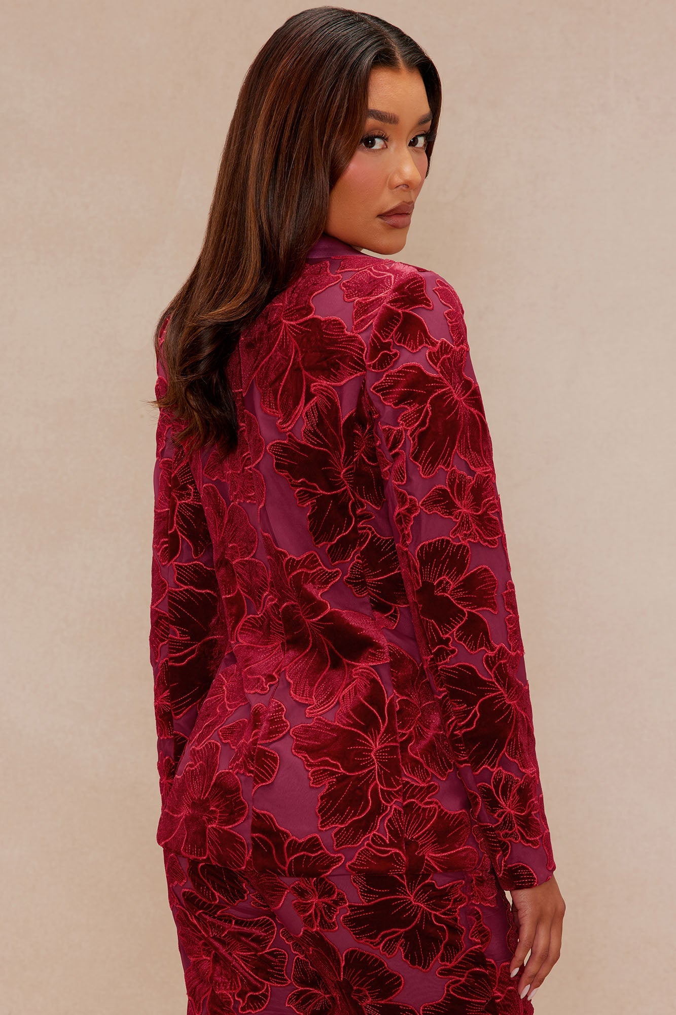 Tyra Velvet Embroidered Blazer - Burgundy