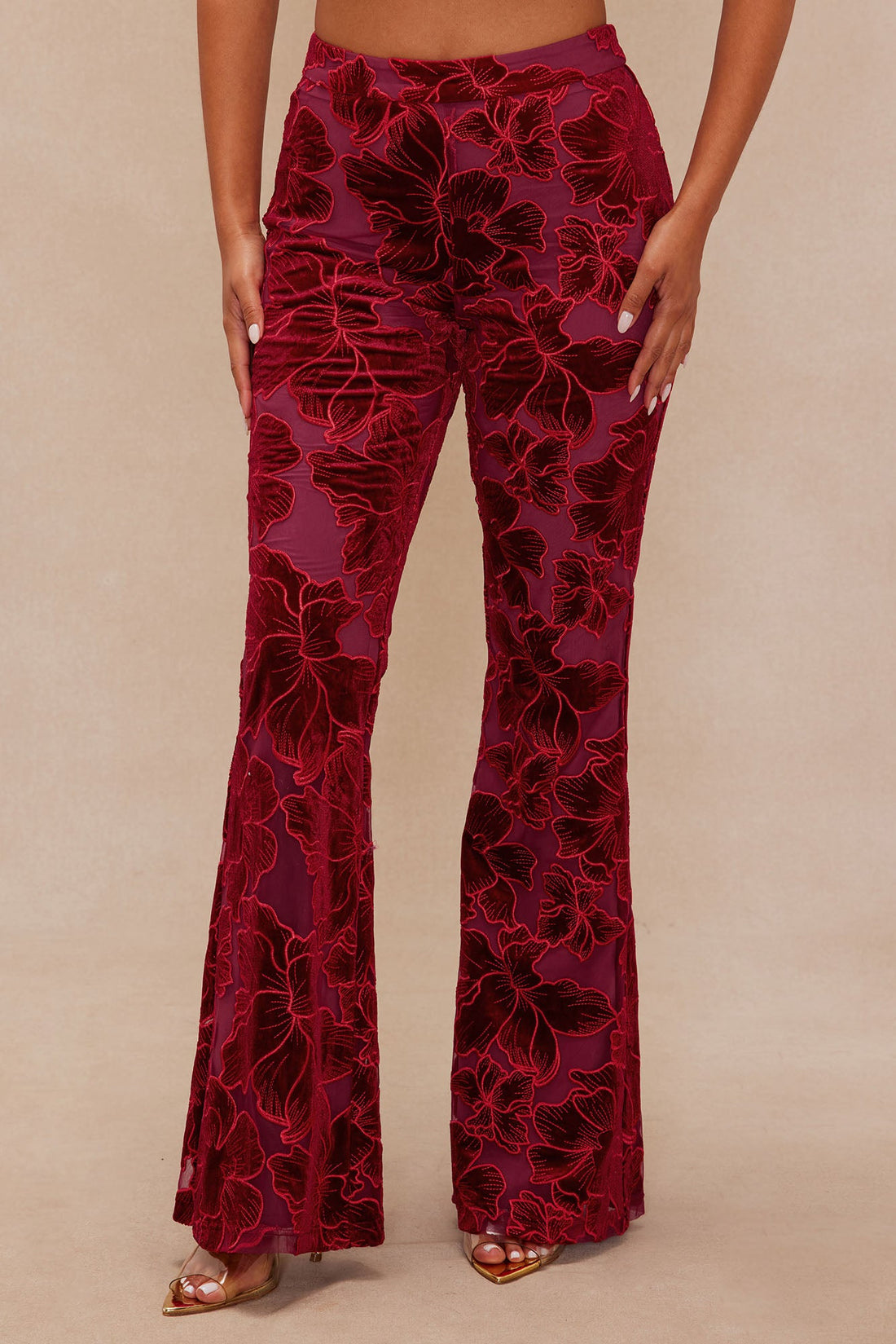 Tyra Velvet Embroidered Pant - Burgundy