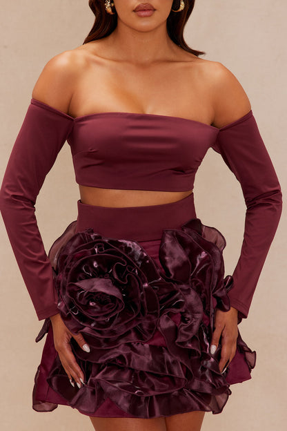 Neveah Off Shoulder Mini Skirt Set - Burgundy