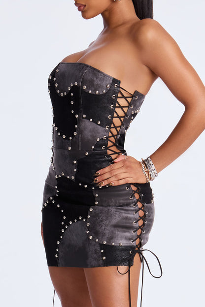 Night Claw Faux Leather Studded Mini Dress - Black/Smoke