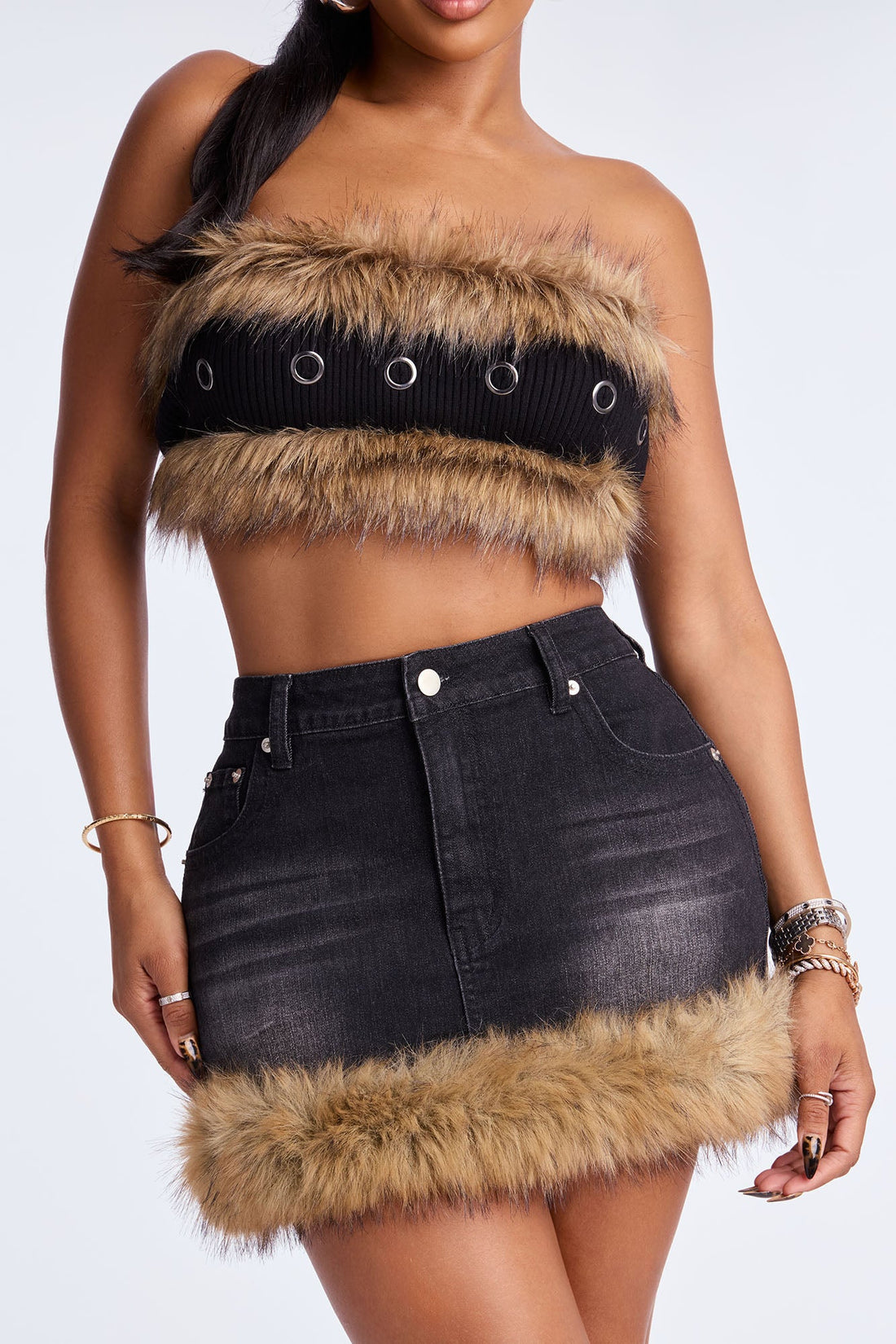 Gianna Fur Trim Micro Mini Denim Skirt - Dark Wash