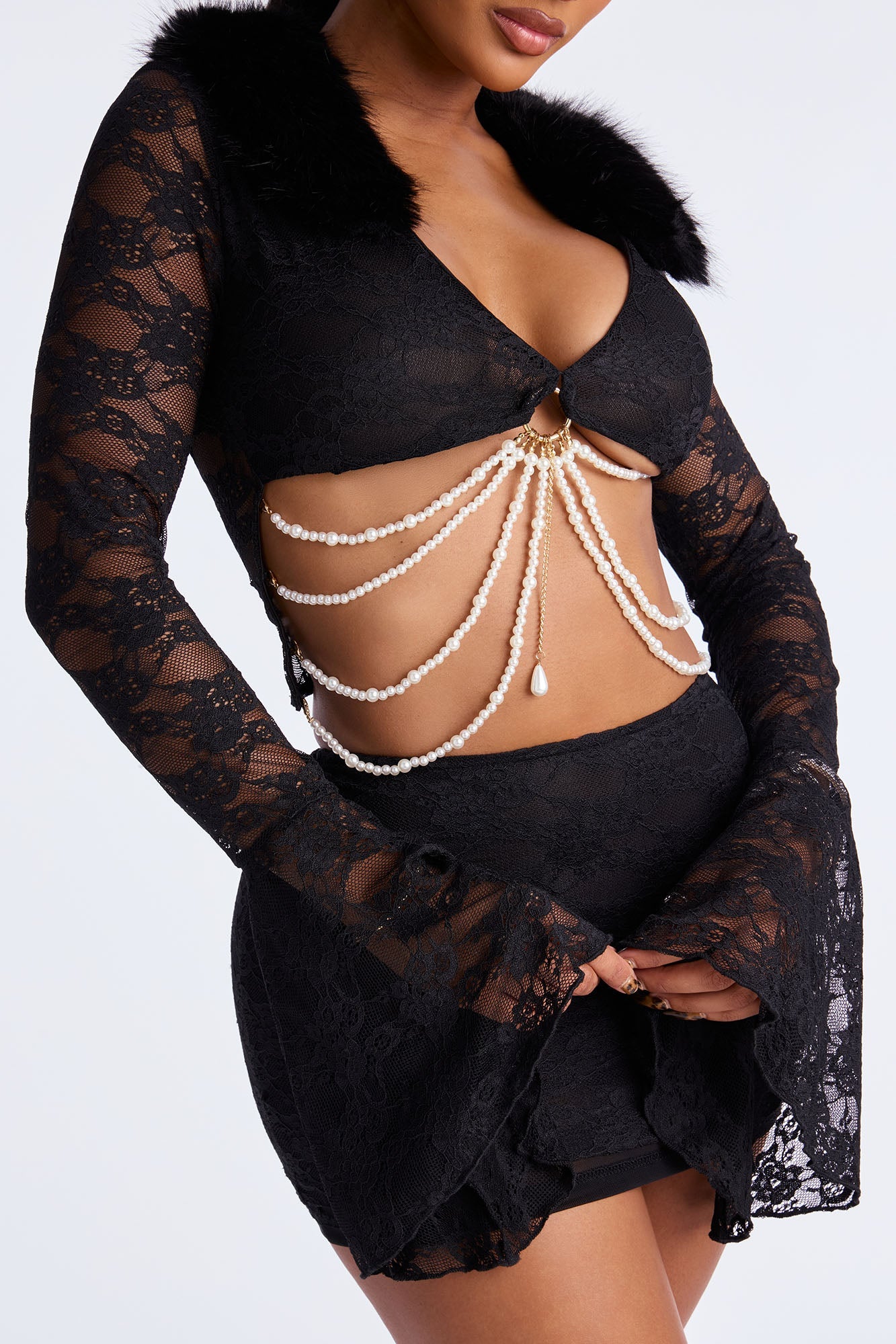 Midnight Hunt Lace Fur Trim Skirt Set - Black