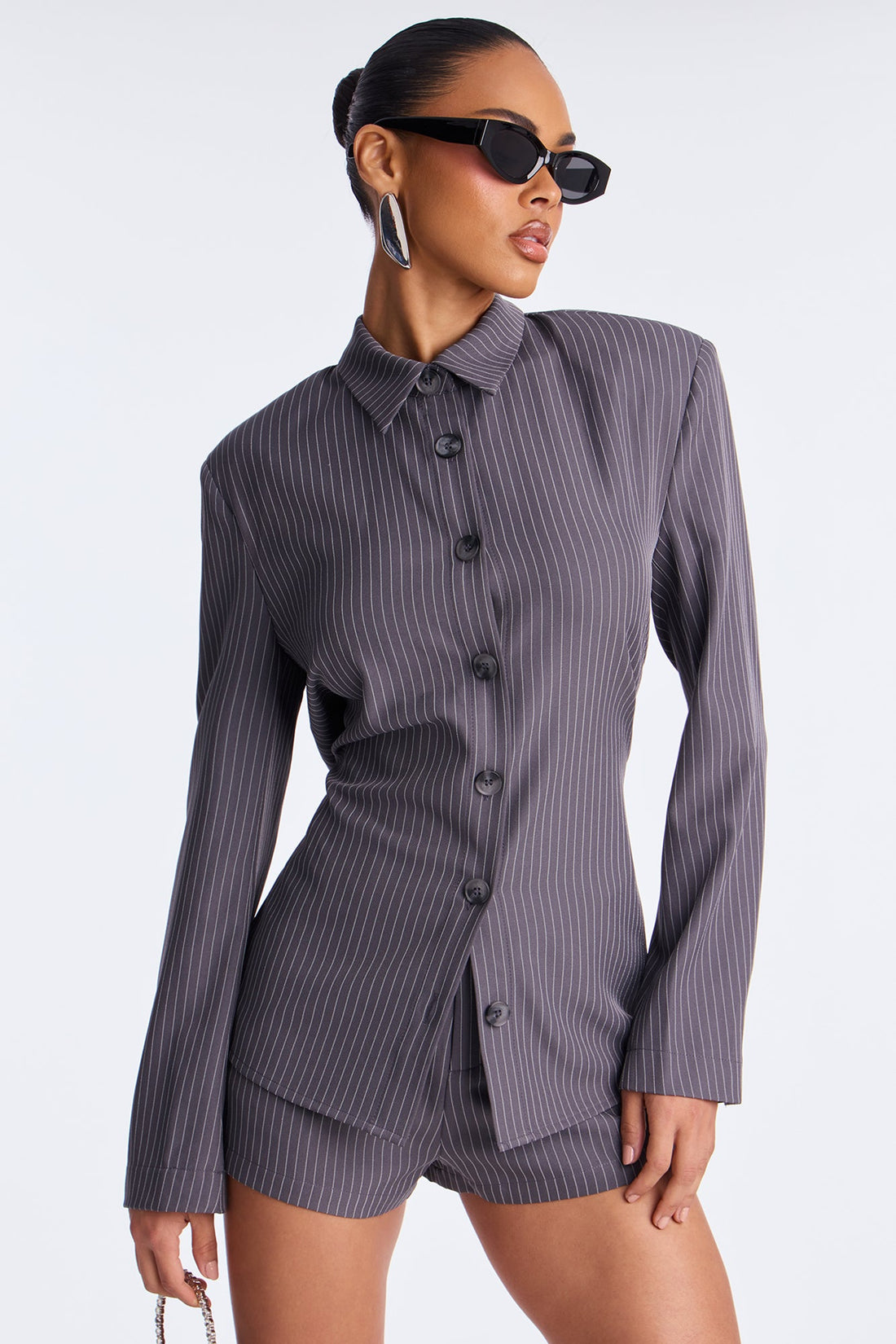Boss Vibes Pinstripe Button Up Short Set - Grey