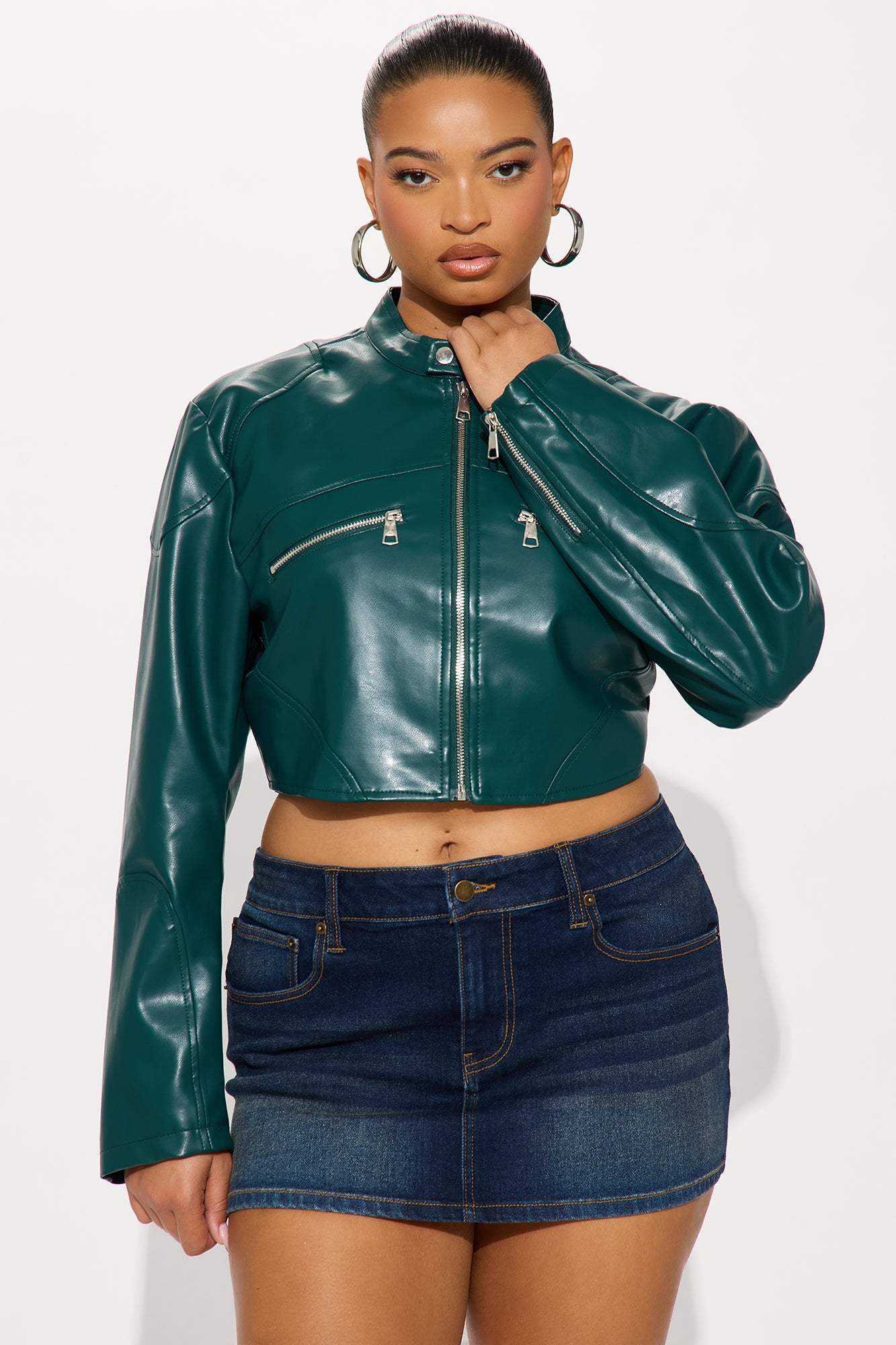 Mina Cropped Faux Leather Moto Jacket - Teal