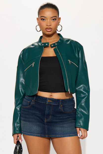 Mina Cropped Faux Leather Moto Jacket - Teal