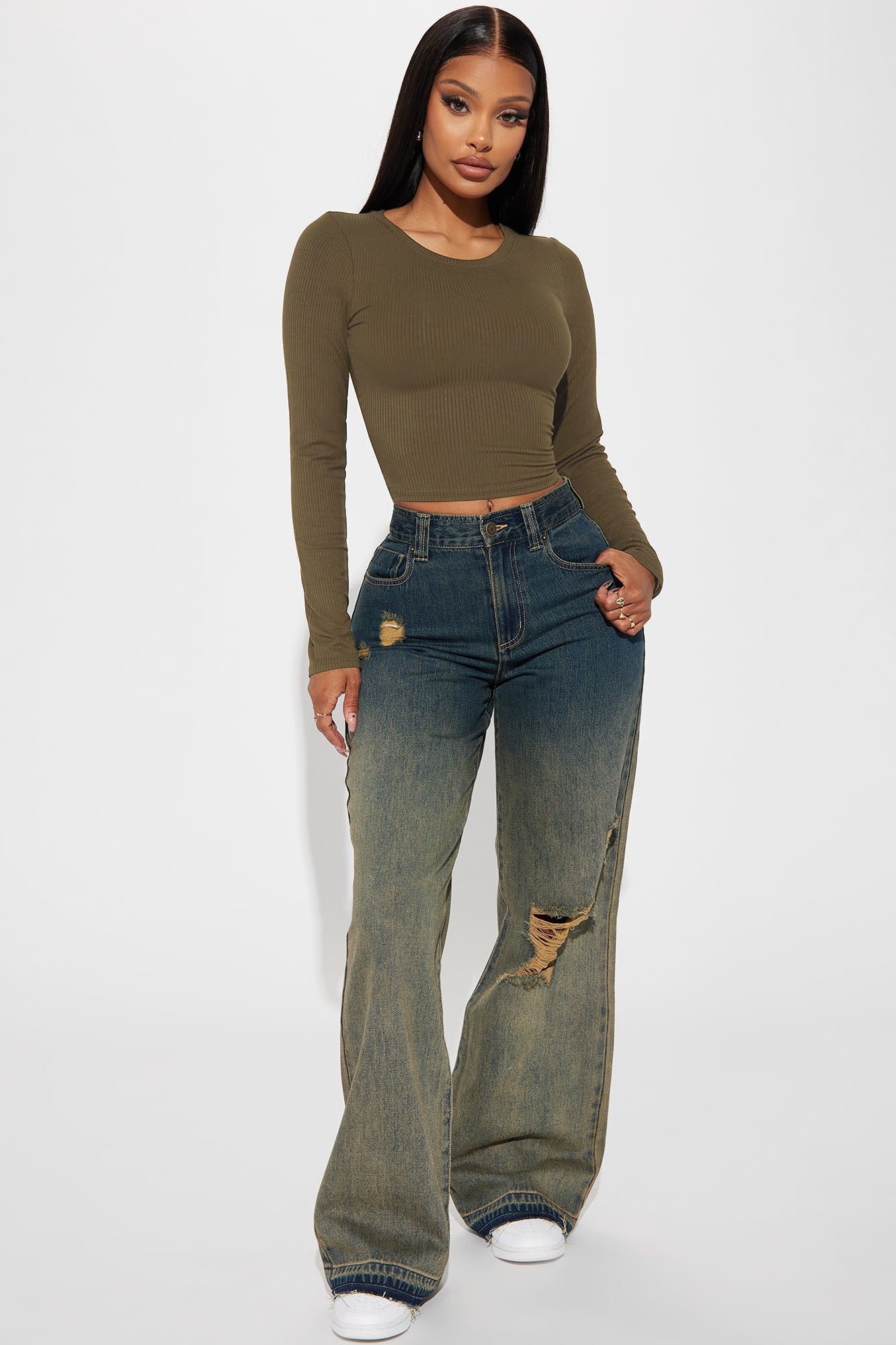 Jaclyn Cropped Long Sleeve Top - Olive