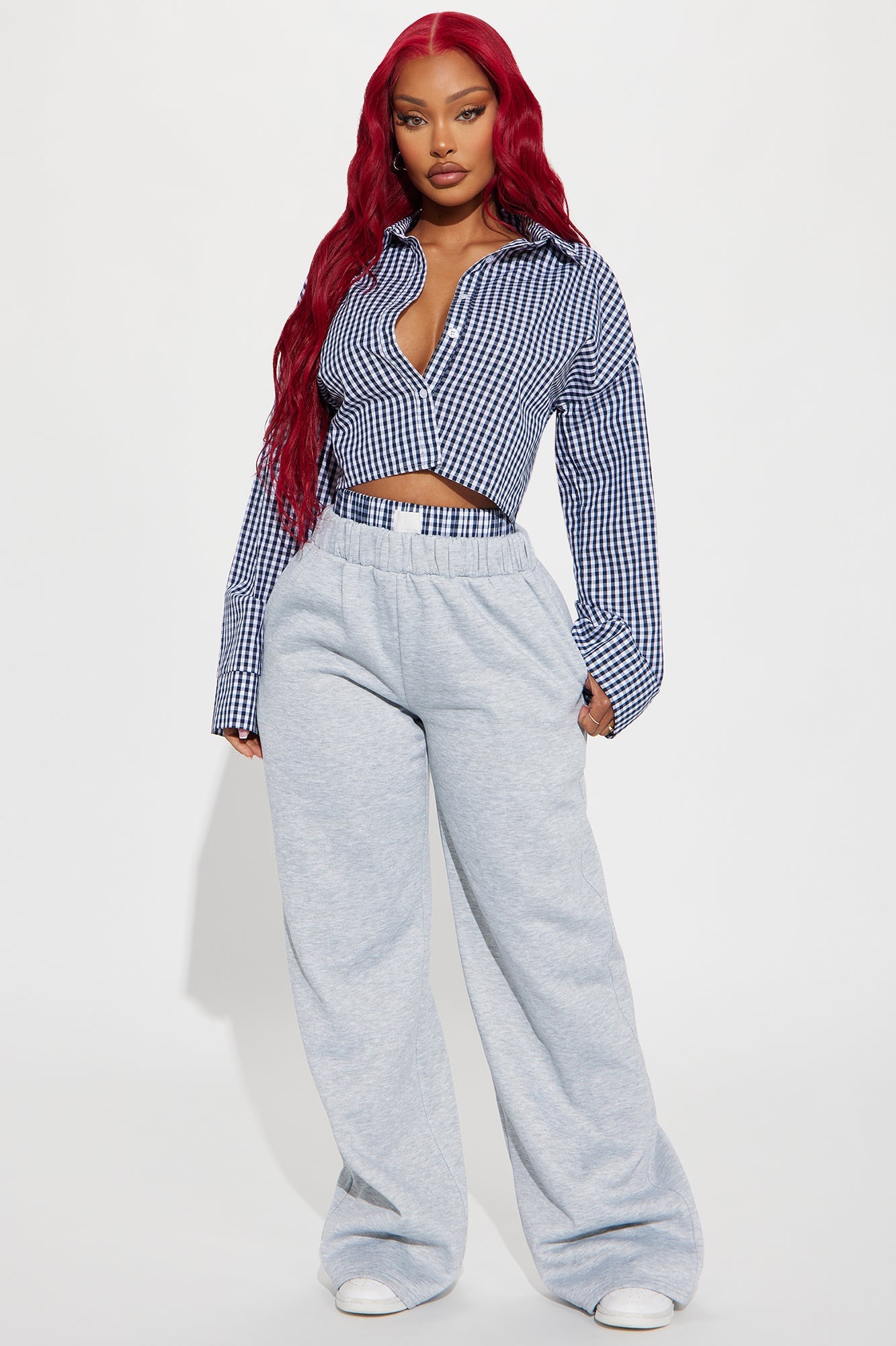 Shayla Gingham Fleece Pant Set - Navy/combo