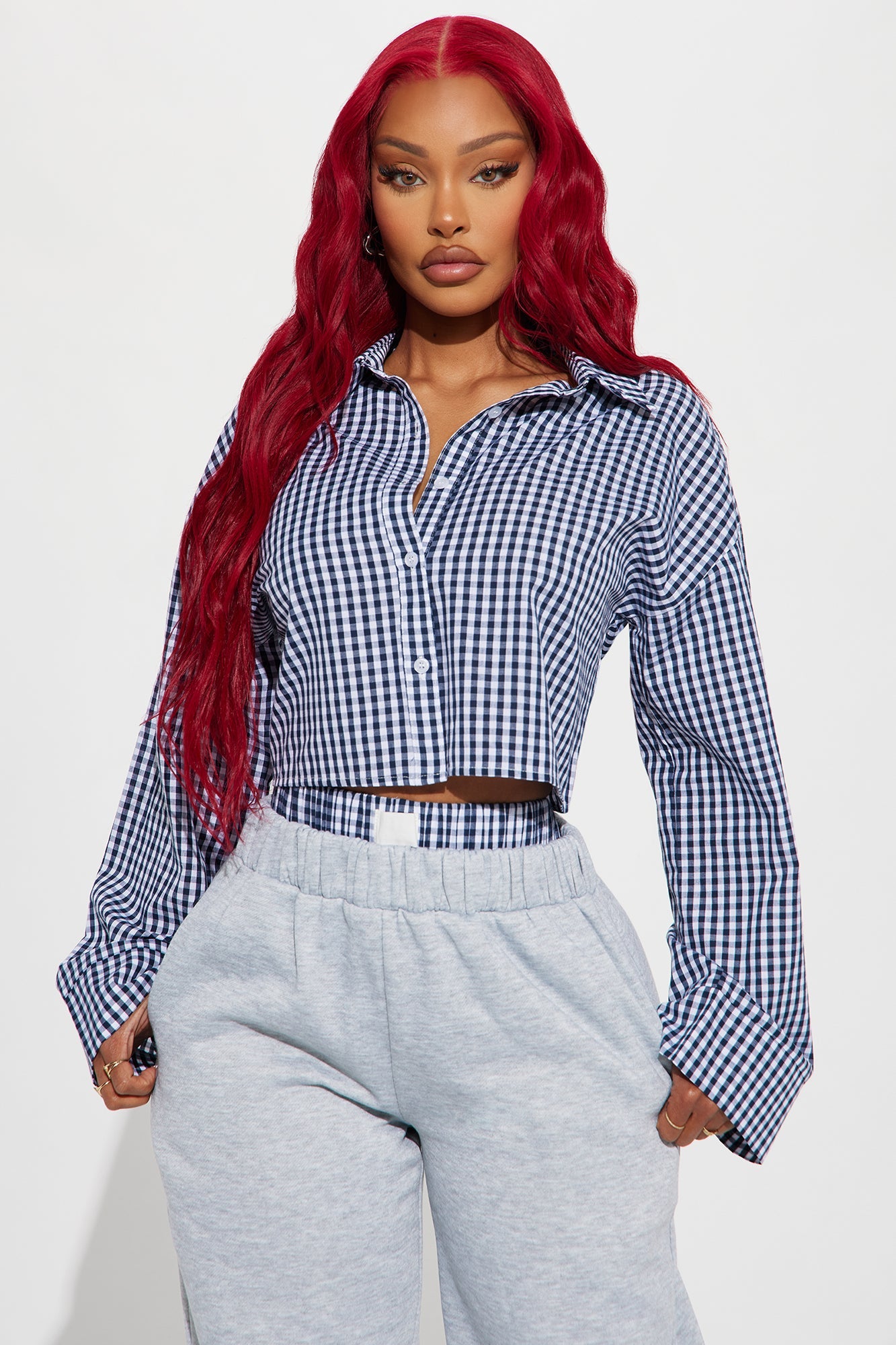 Shayla Gingham Fleece Pant Set - Navy/combo