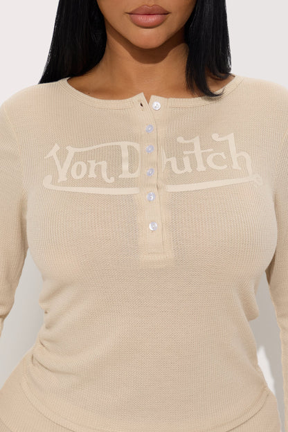 Von Dutch Waffle Long Sleeve Henley PJ Short Set - Sand