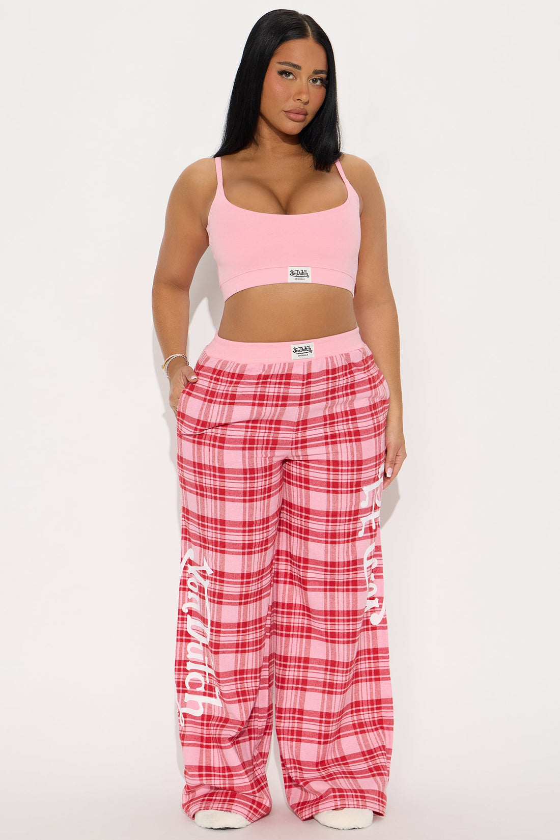 Von Dutch Cami Bralette PJ Flannel Boxer Pant Set - Pink/combo