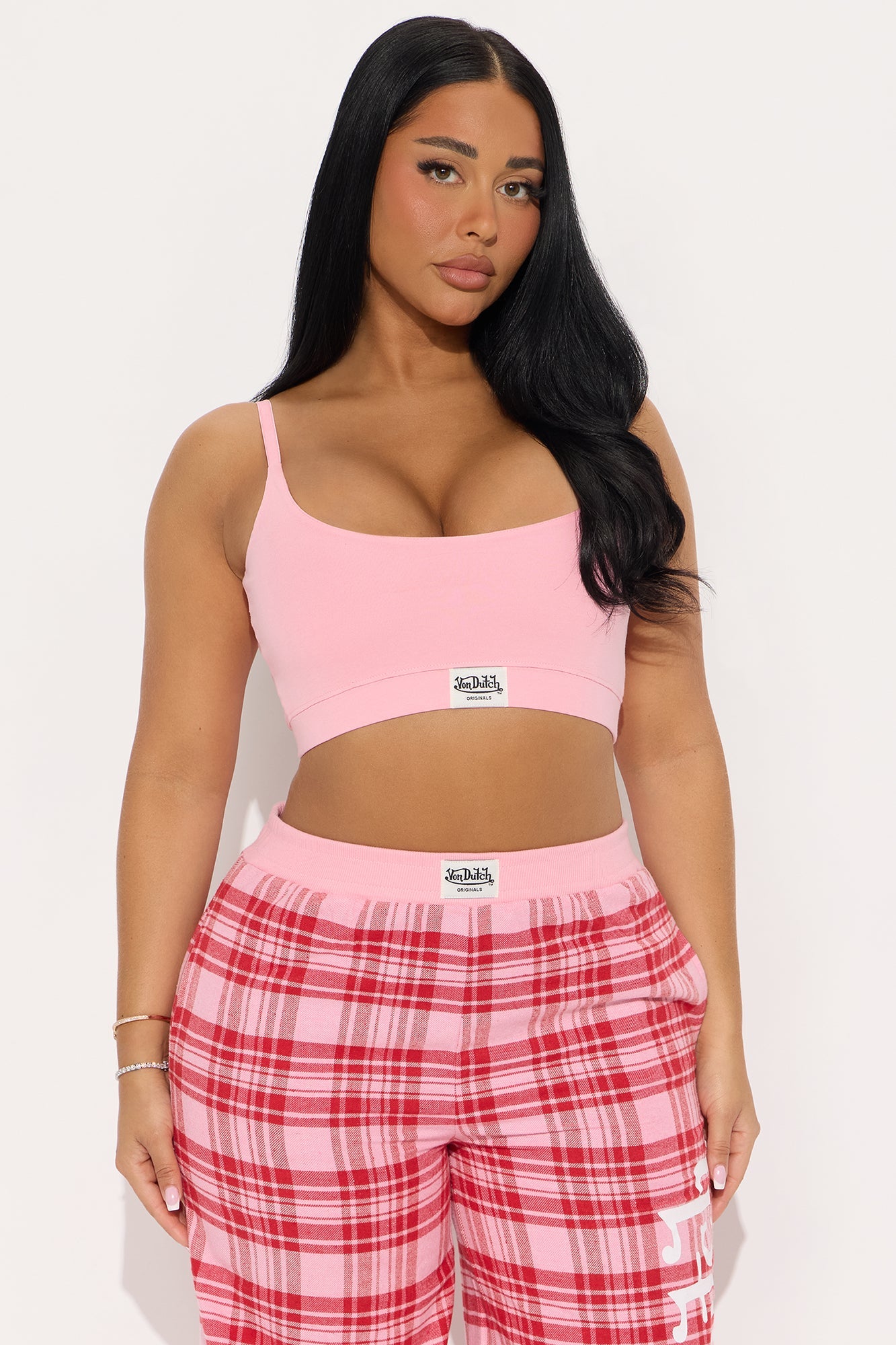 Von Dutch Cami Bralette PJ Flannel Boxer Pant Set - Pink/combo