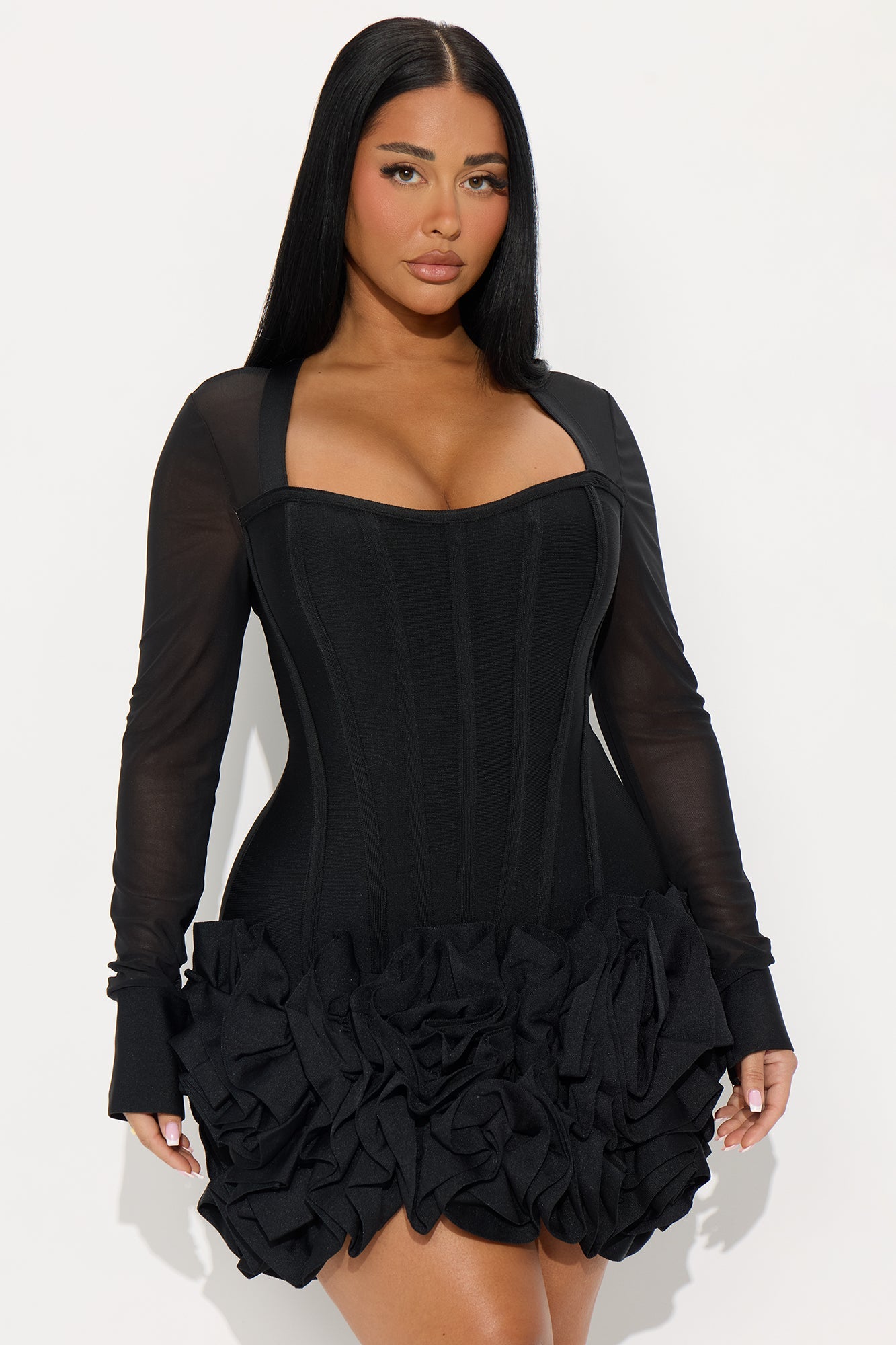 Blessed Beauty Long Sleeve Rufﬂe Rosette Bandage Mini Dress - Black