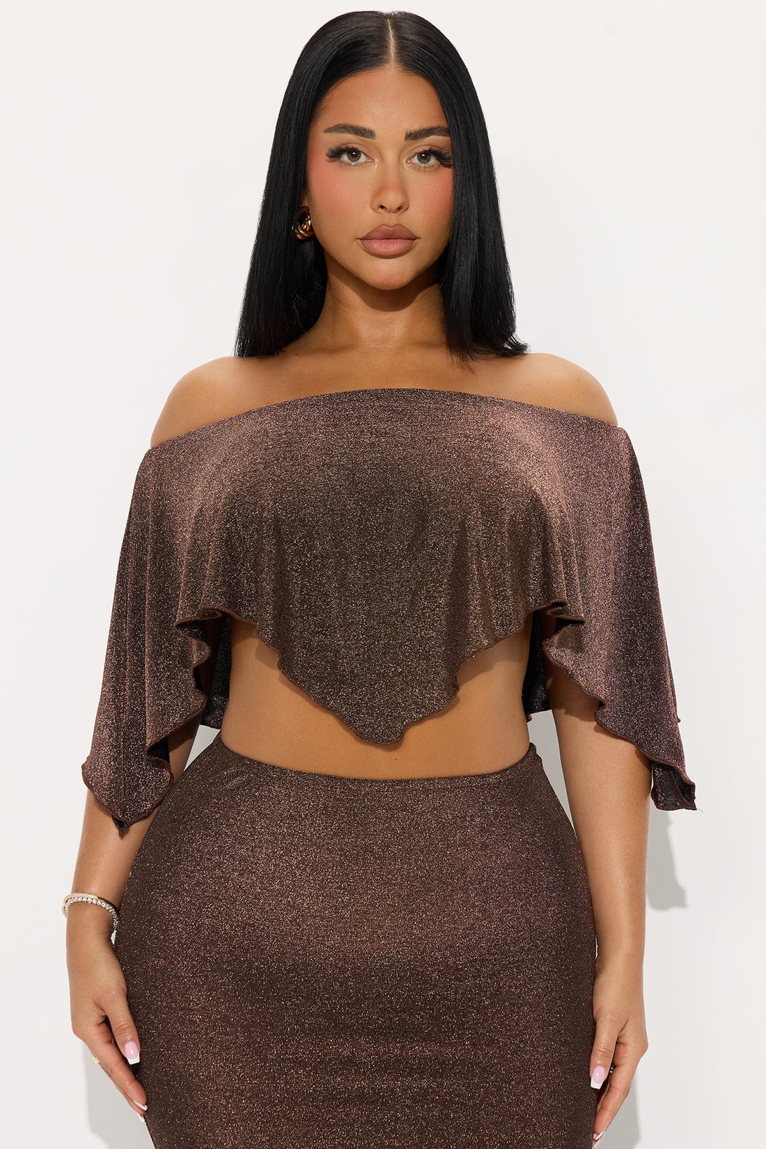 Chantel Shimmer Draped Top Maxi Skirt Set - Chocolate