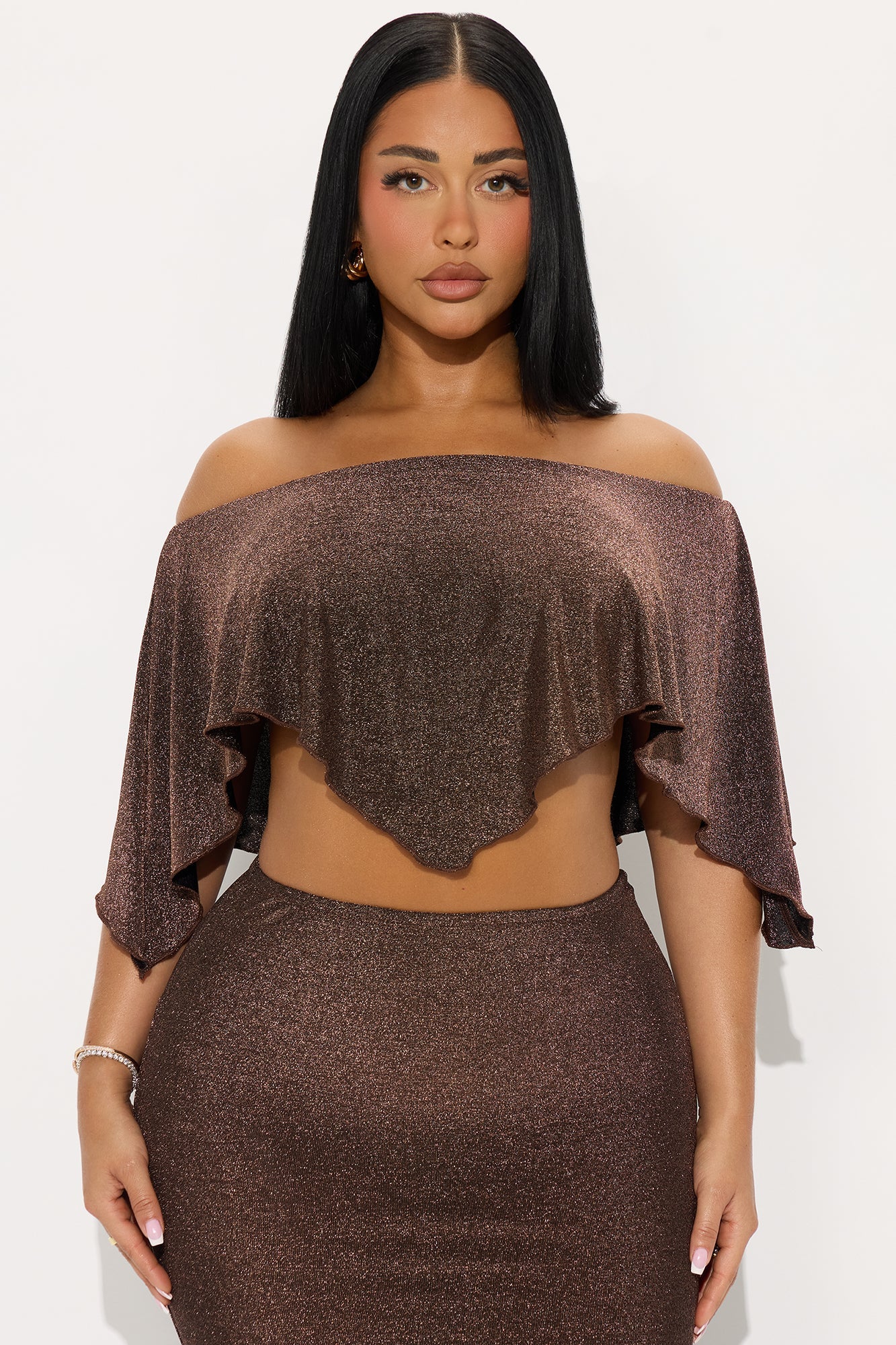 Chantel Shimmer Draped Top Maxi Skirt Set - Chocolate
