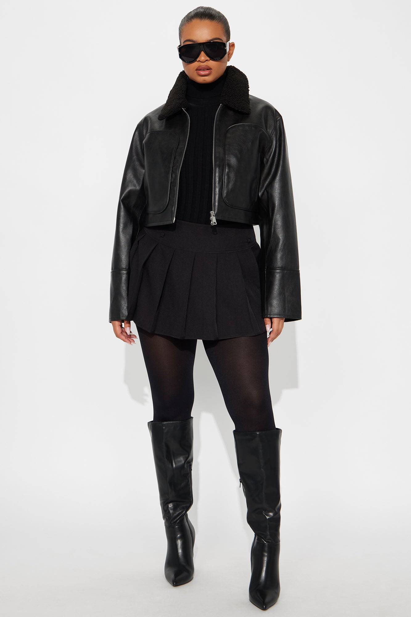 Fly High Faux Leather Cropped Jacket - Black