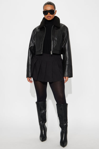 Fly High Faux Leather Cropped Jacket - Black