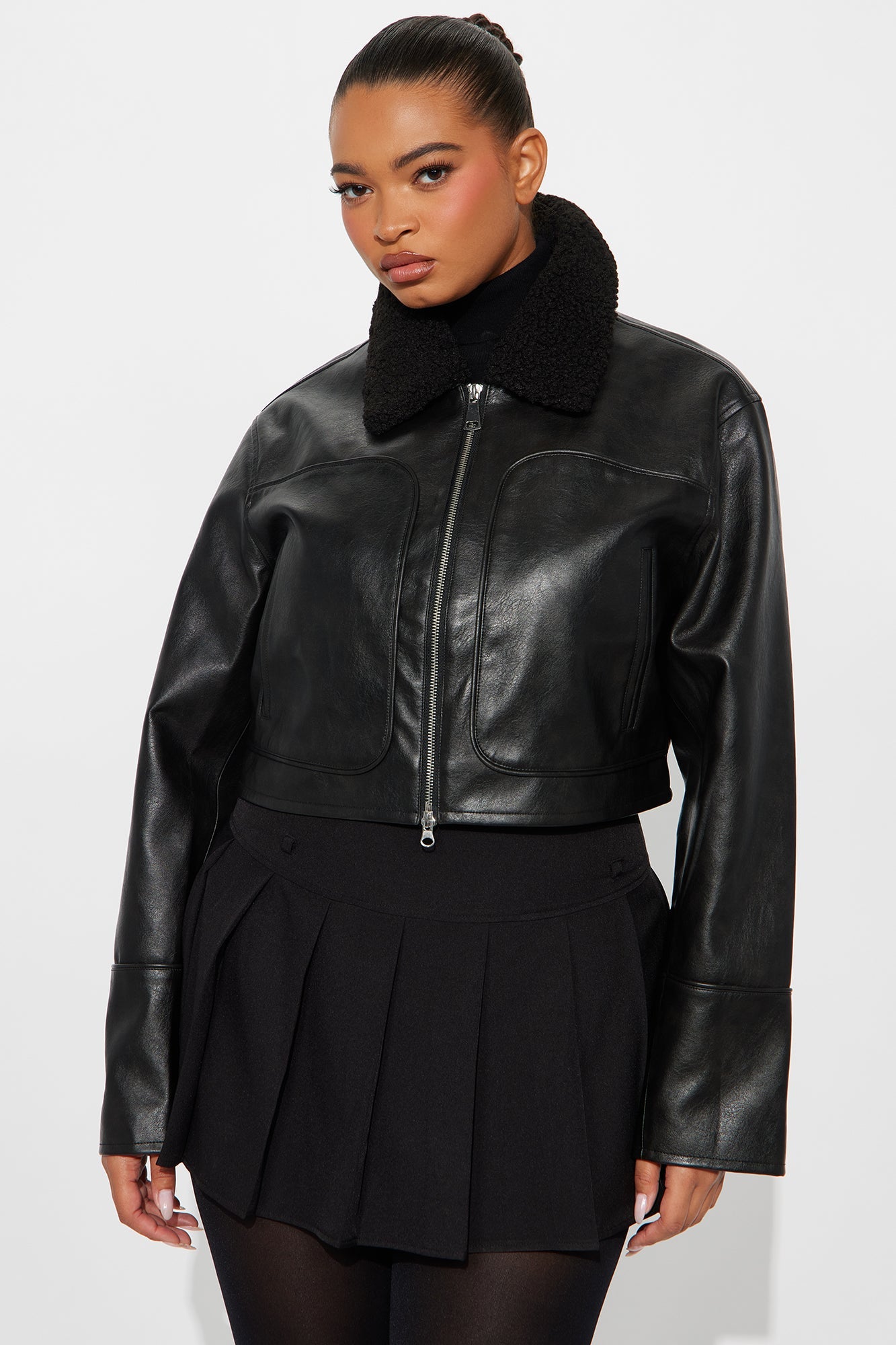 Fly High Faux Leather Cropped Jacket - Black