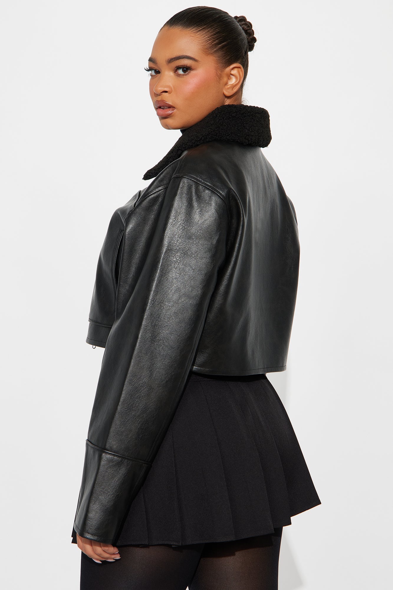 Fly High Faux Leather Cropped Jacket - Black