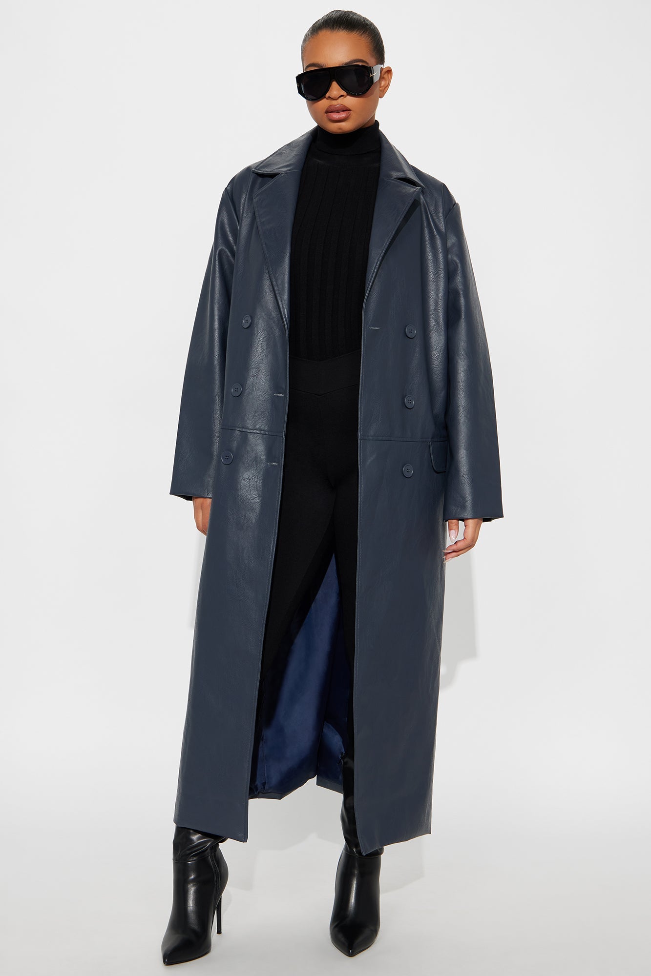 Drew Faux Leather Double Breasted Coat - Navy