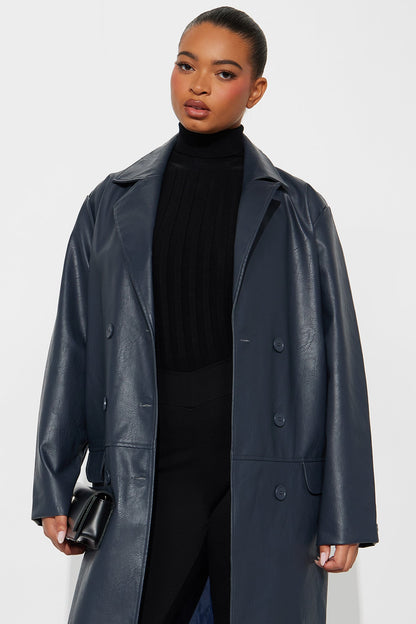 Drew Faux Leather Double Breasted Coat - Navy