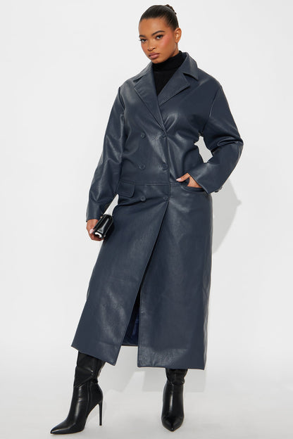 Drew Faux Leather Double Breasted Coat - Navy