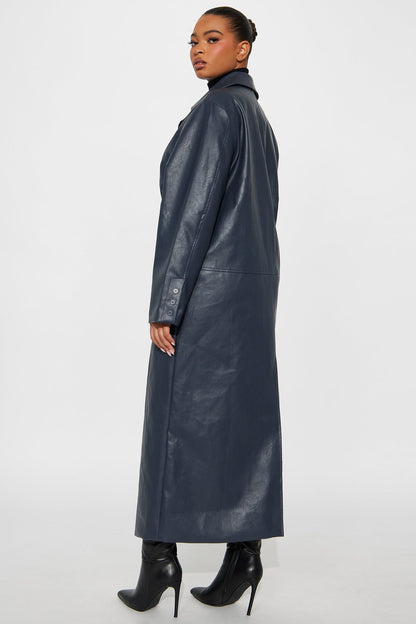 Drew Faux Leather Double Breasted Coat - Navy