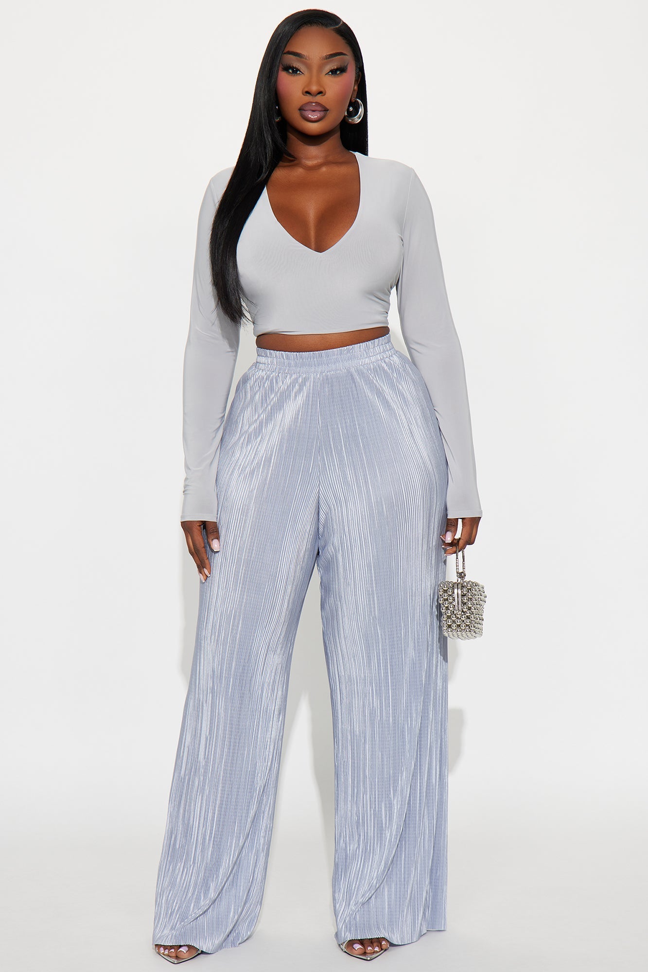 No Small Talk Wide Leg Plisse Pant 32″ - Silver