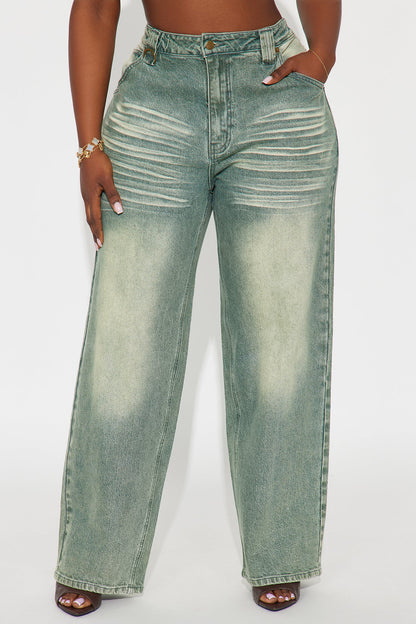 On The Low Tinted Baggy Jeans - Olive