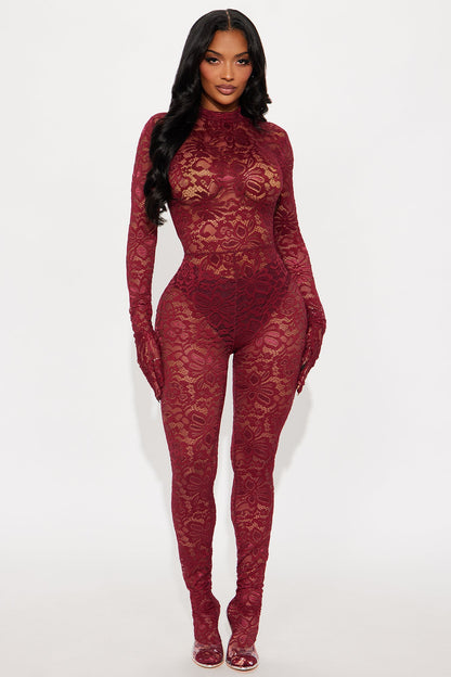 Seraphine Lace Glove Jumpsuit - Burgundy